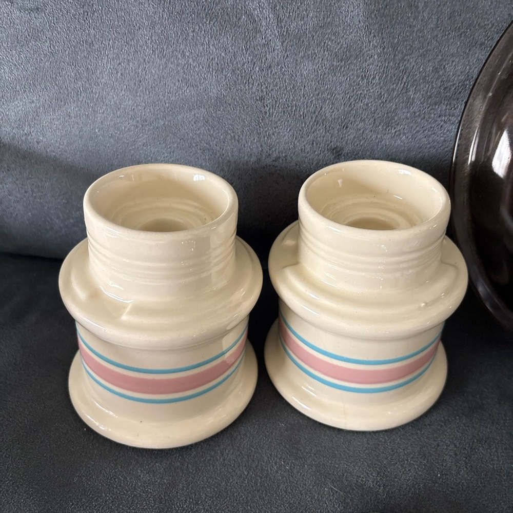 Vintage McCoy Style Pottery Candle Holders Set of 2 – Pastel Stripe
